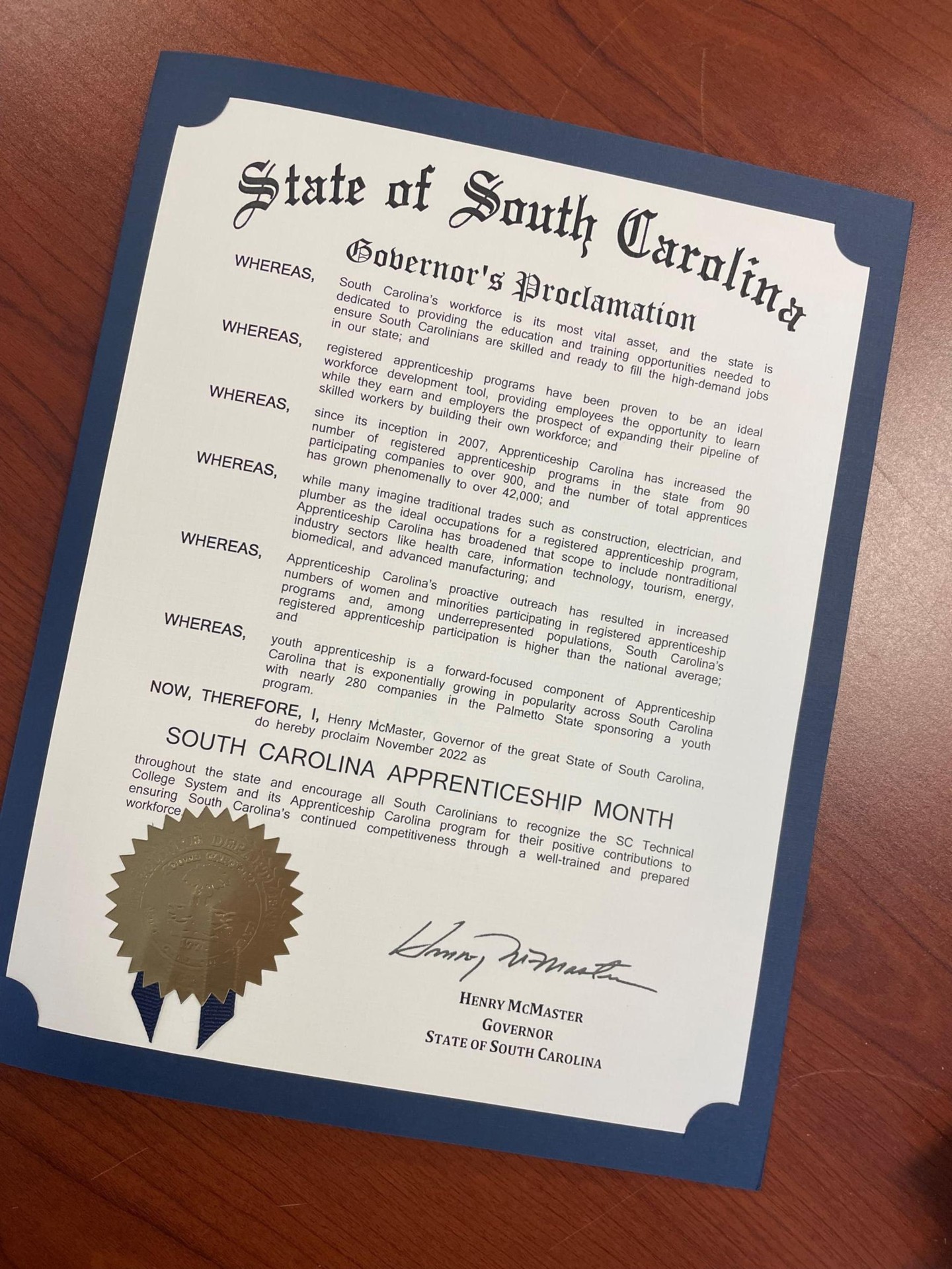 2022 Governor McMaster  Proclamation stating November is SC Apprenticeship Month