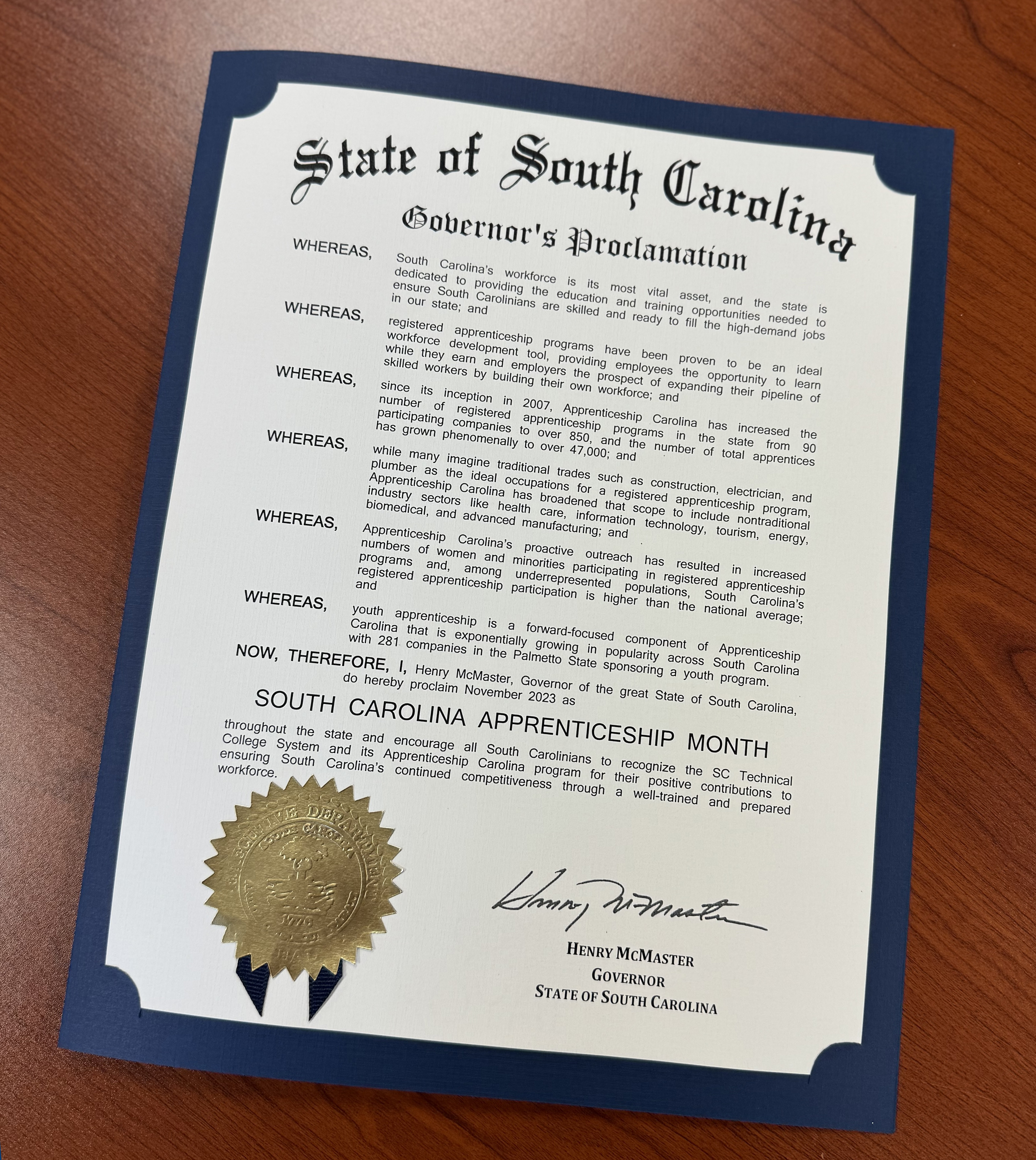 2023 Governor McMaster  Proclamation stating November is SC Apprenticeship Month